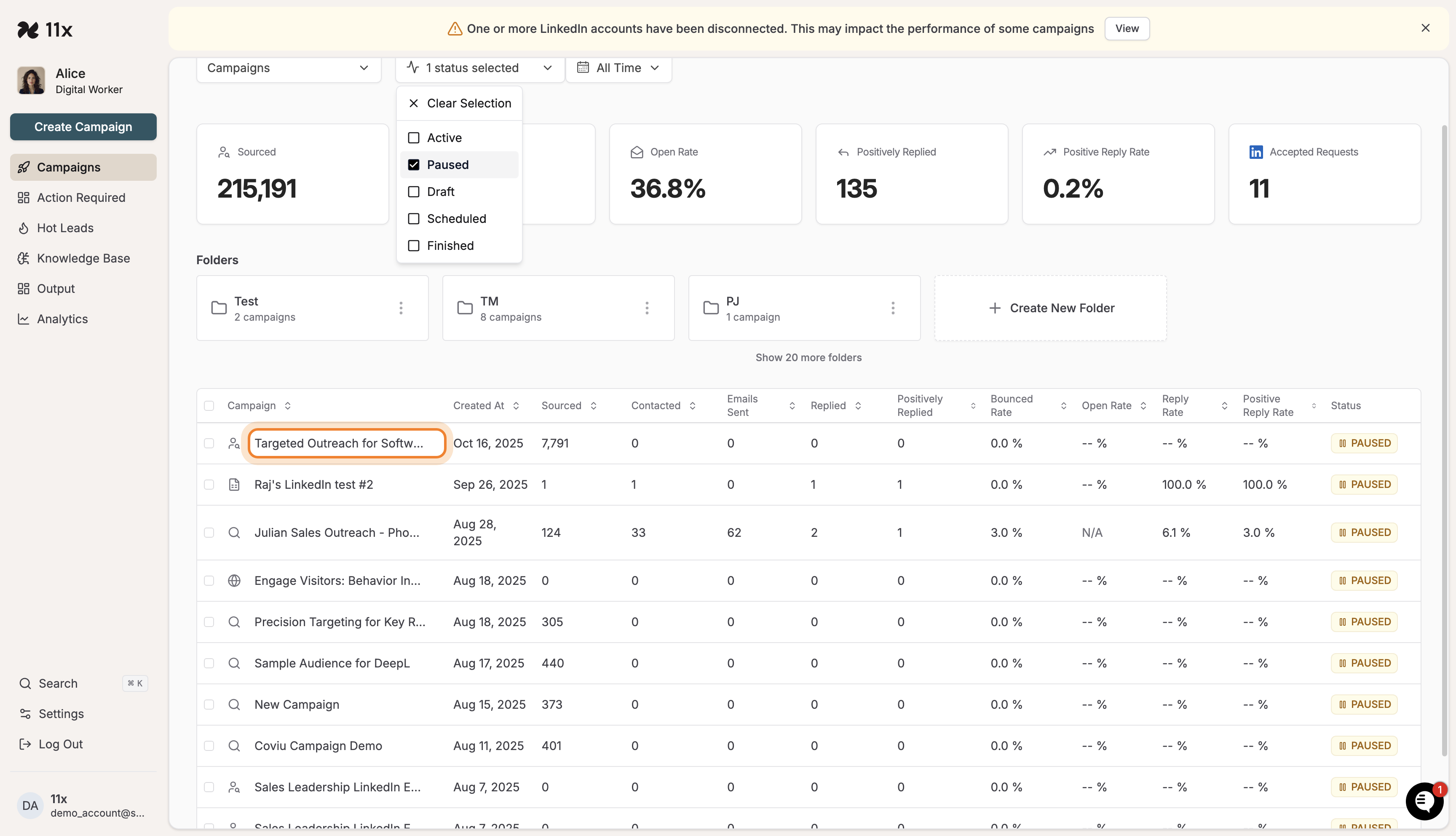 Paused campaigns filtered, with campaign name highlighted