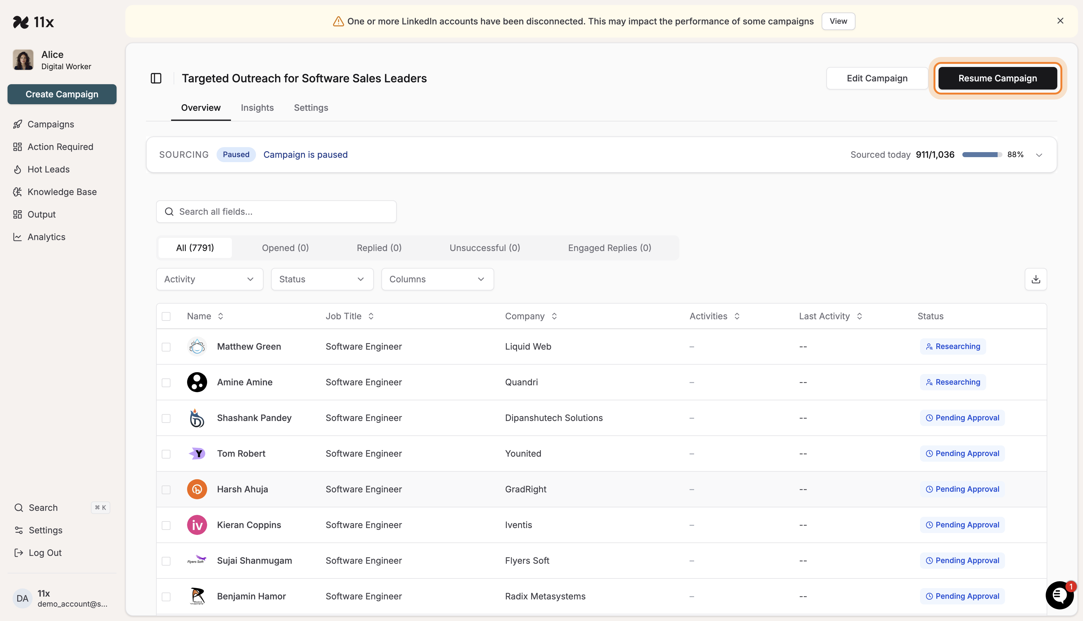 Campaign details page with Resume Campaign button highlighted