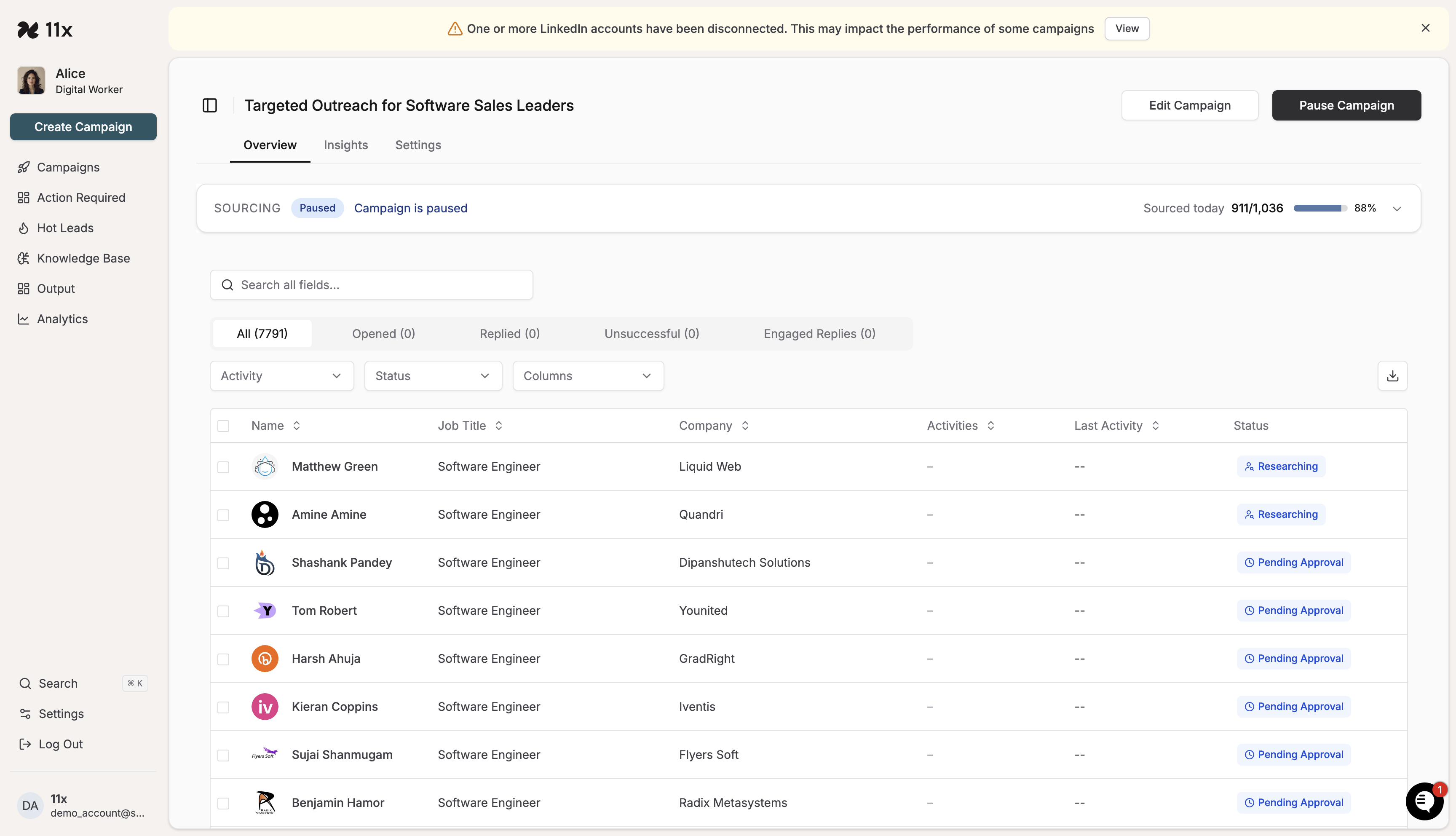 Campaign details page after resuming, with Pause Campaign button and active statuses