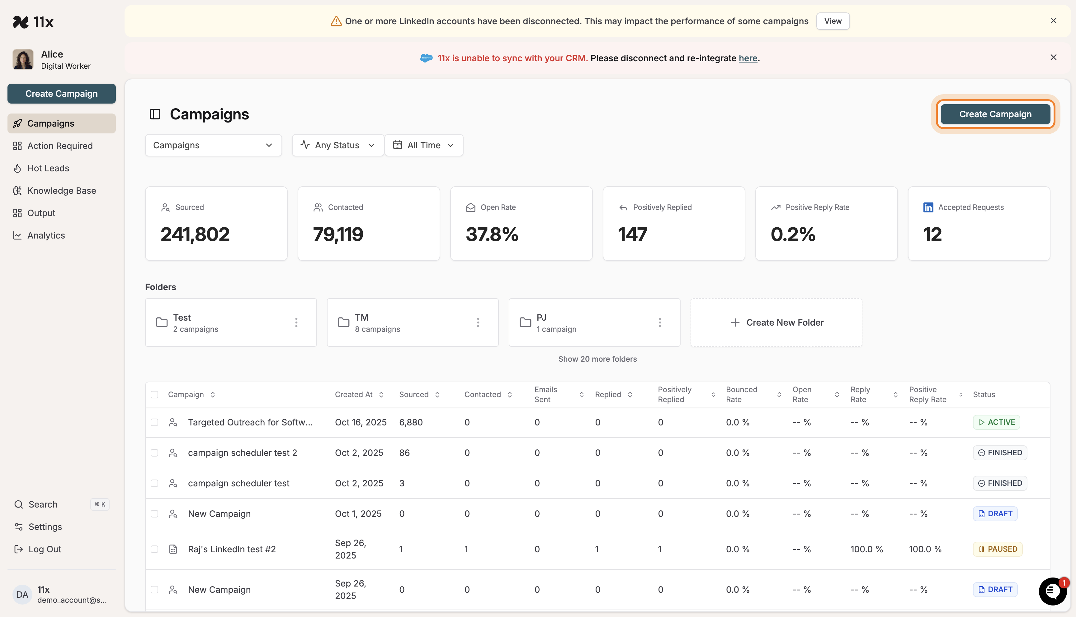 Campaigns dashboard with Create Campaign button highlighted