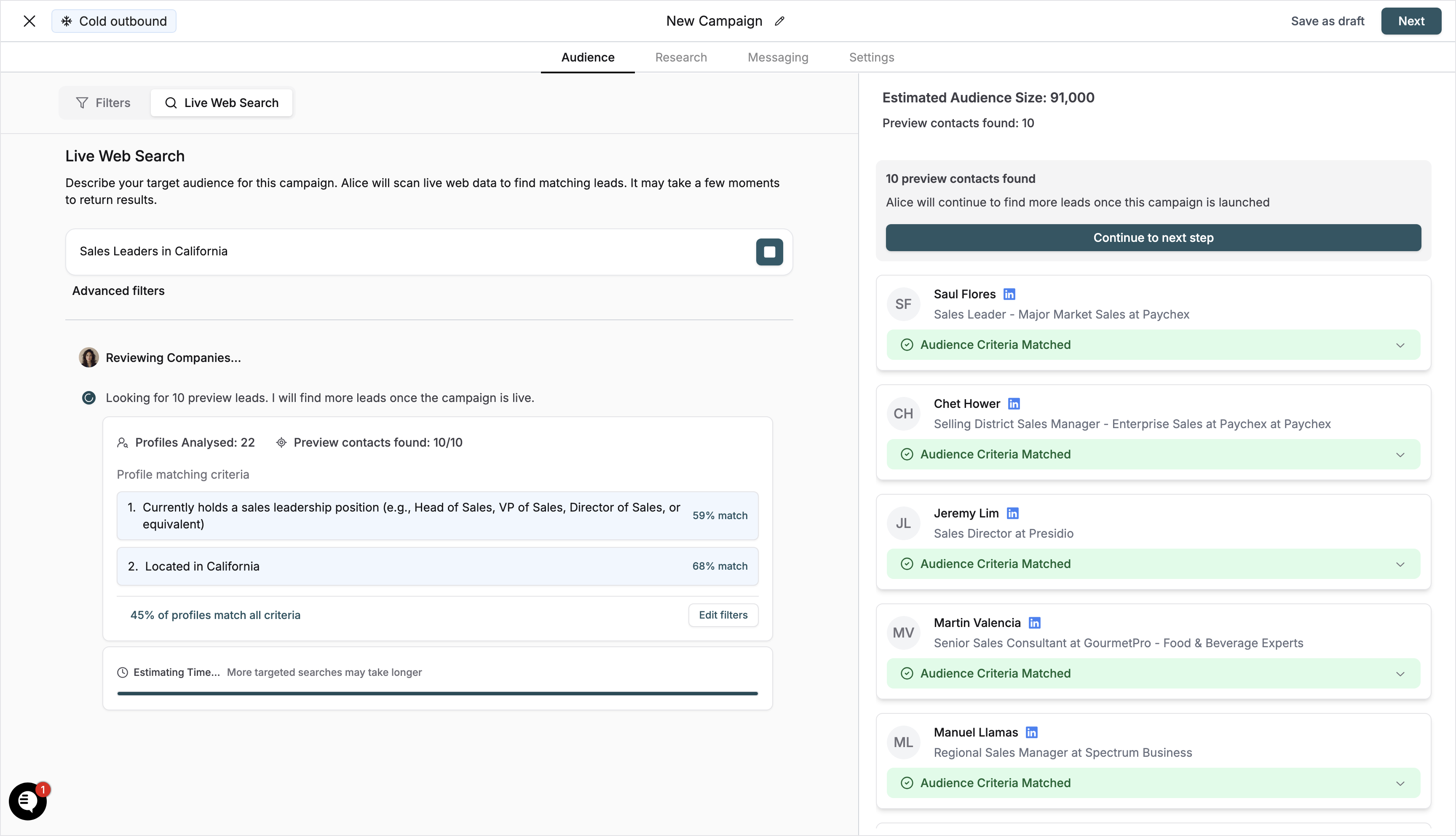 Preview contacts and matching criteria displayed