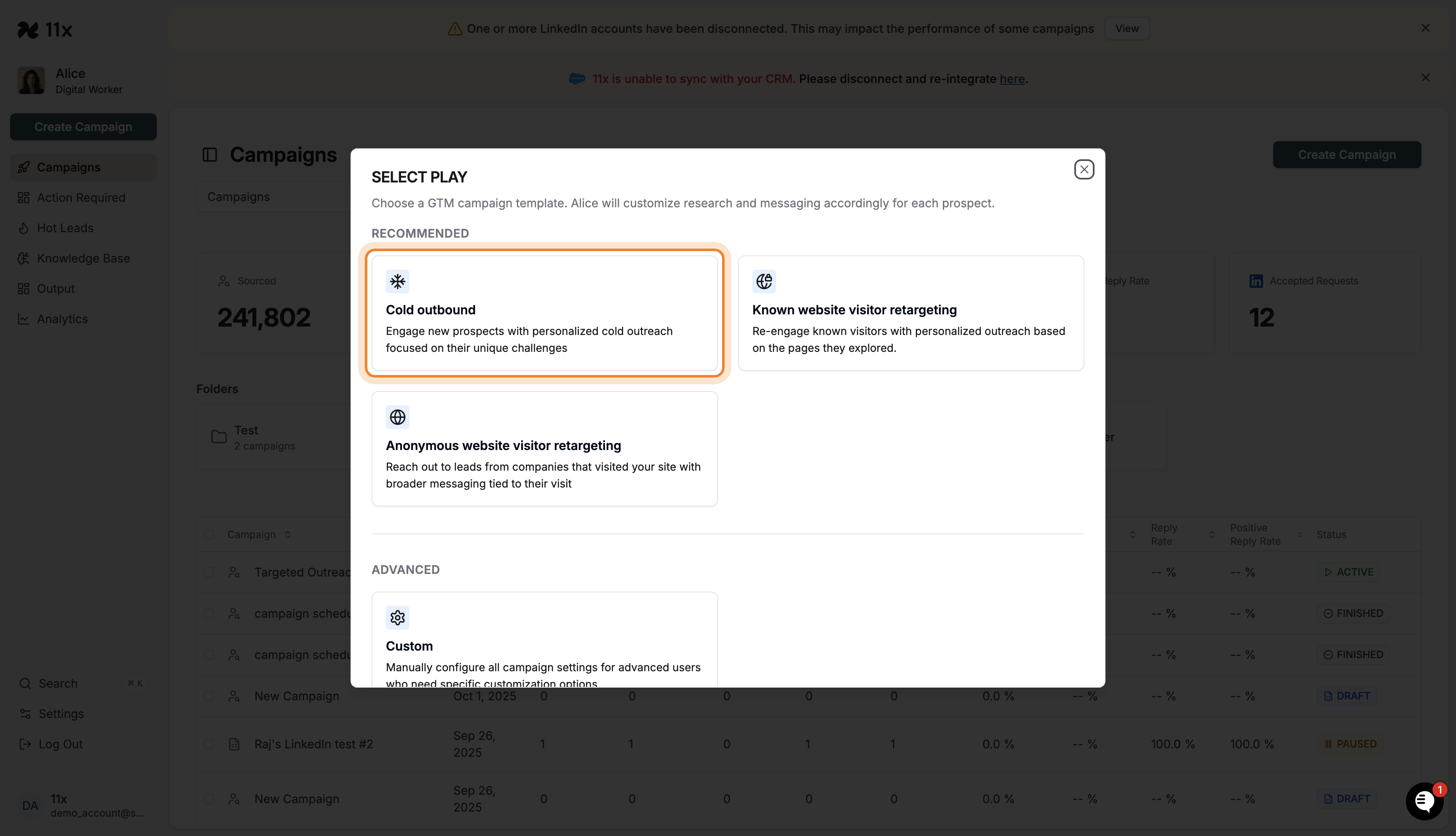 Select Play modal with Cold outbound option highlighted