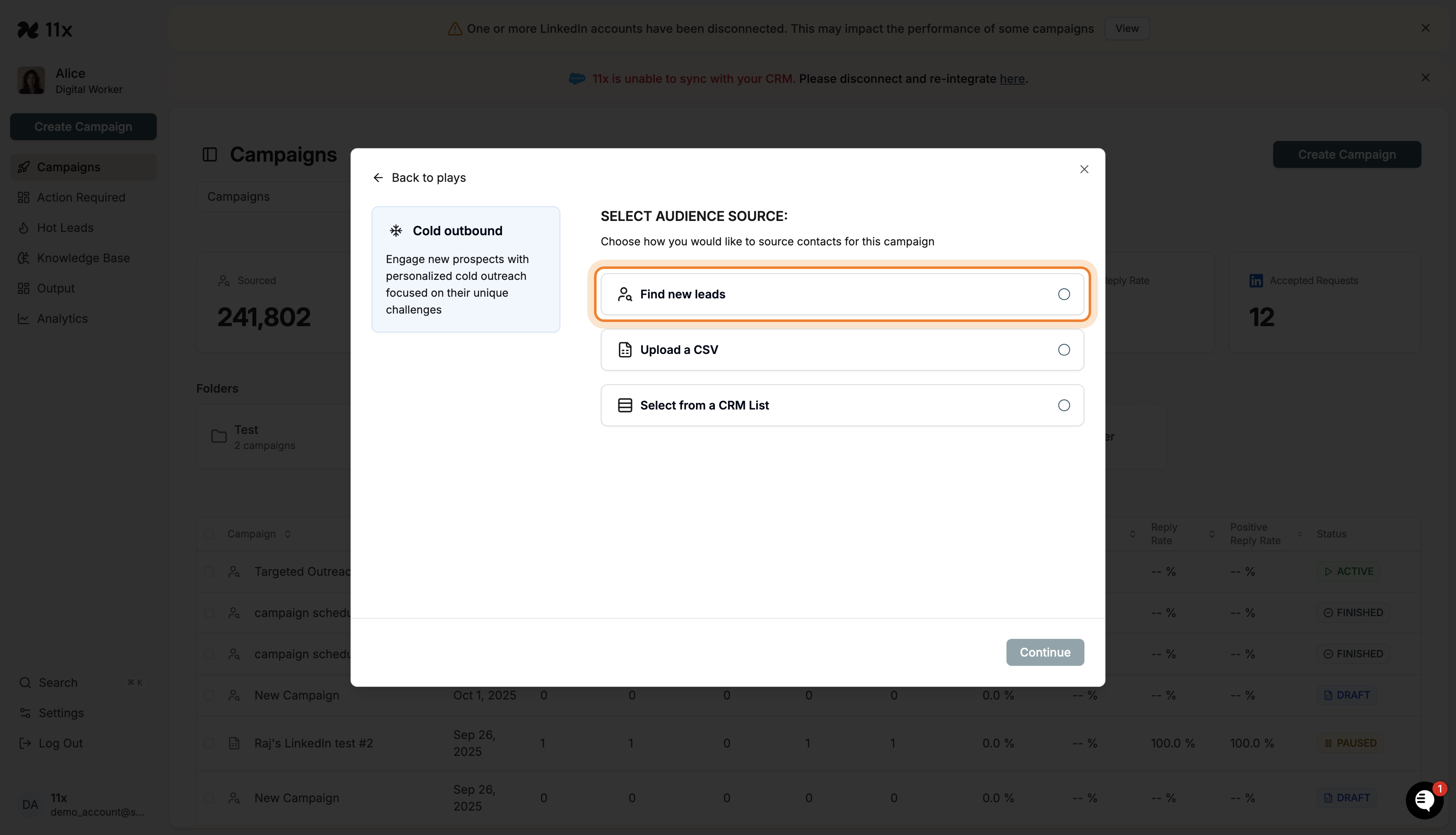 Select Audience Source modal with Find new leads option highlighted
