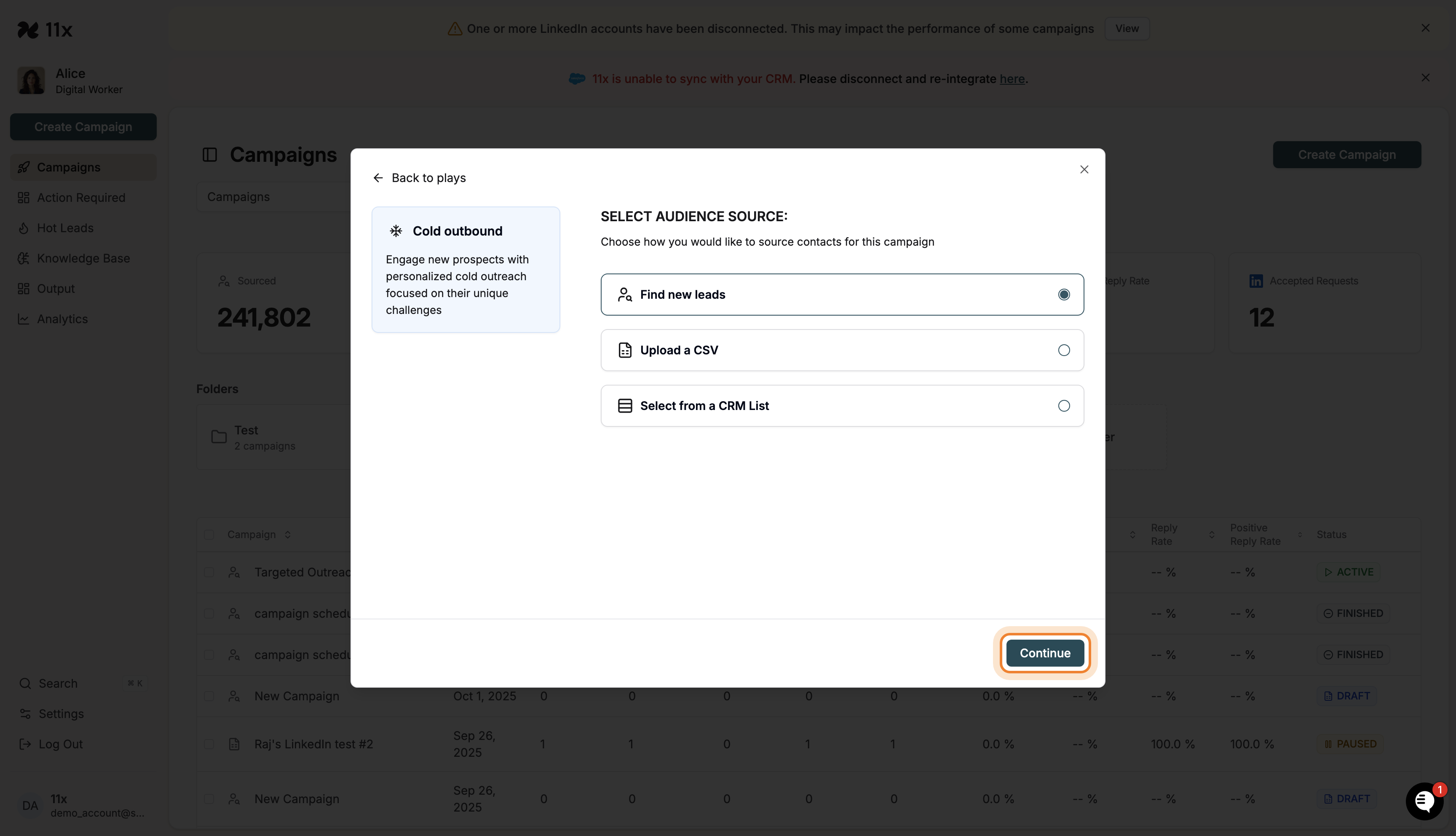 Continue button highlighted in Select Audience Source modal