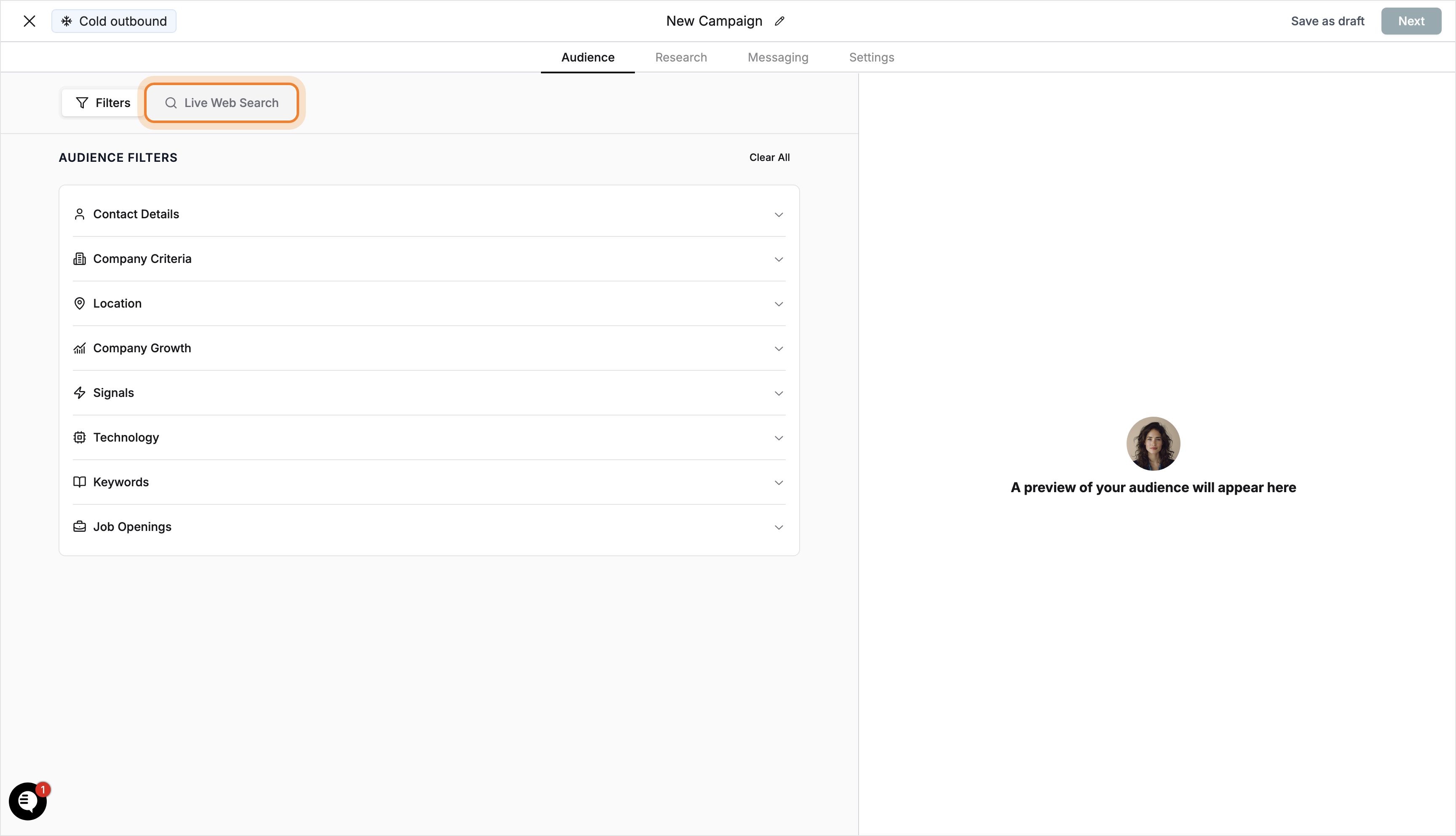 Live Web Search tab highlighted in Audience section