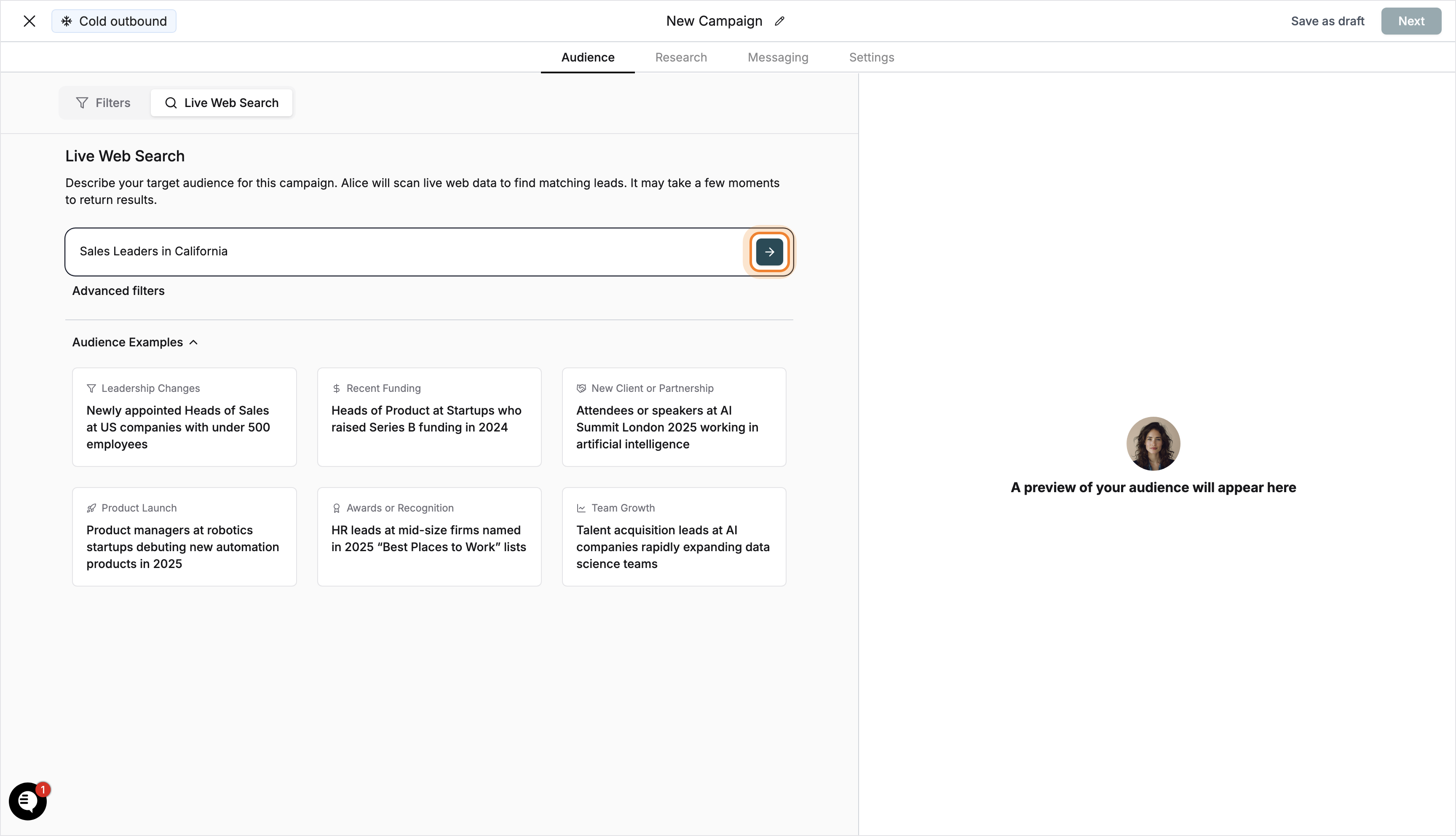 Submit button highlighted next to audience description field