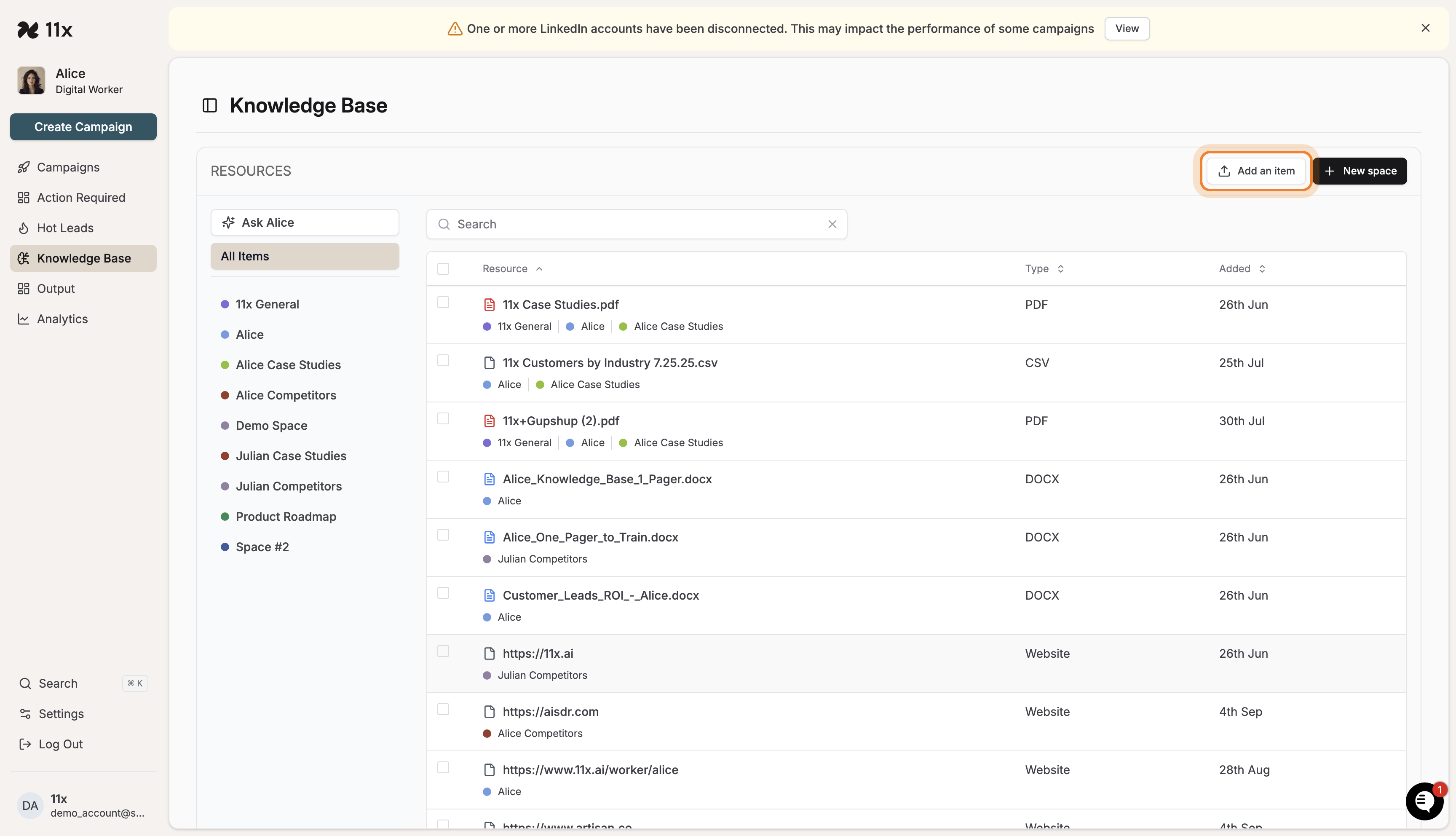 Add an item button highlighted on the Knowledge Base dashboard