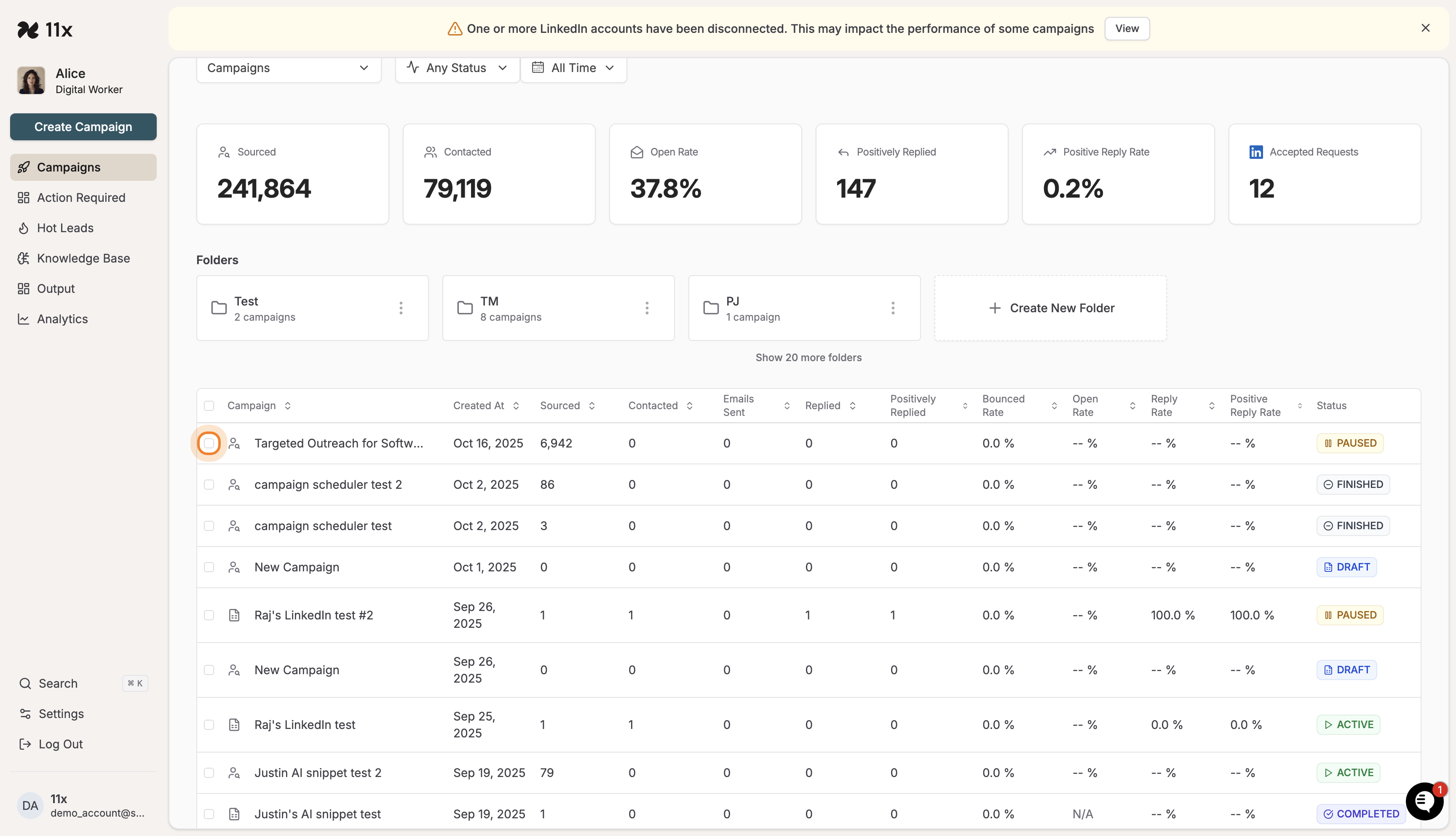 Campaigns dashboard with campaigns and folders listed