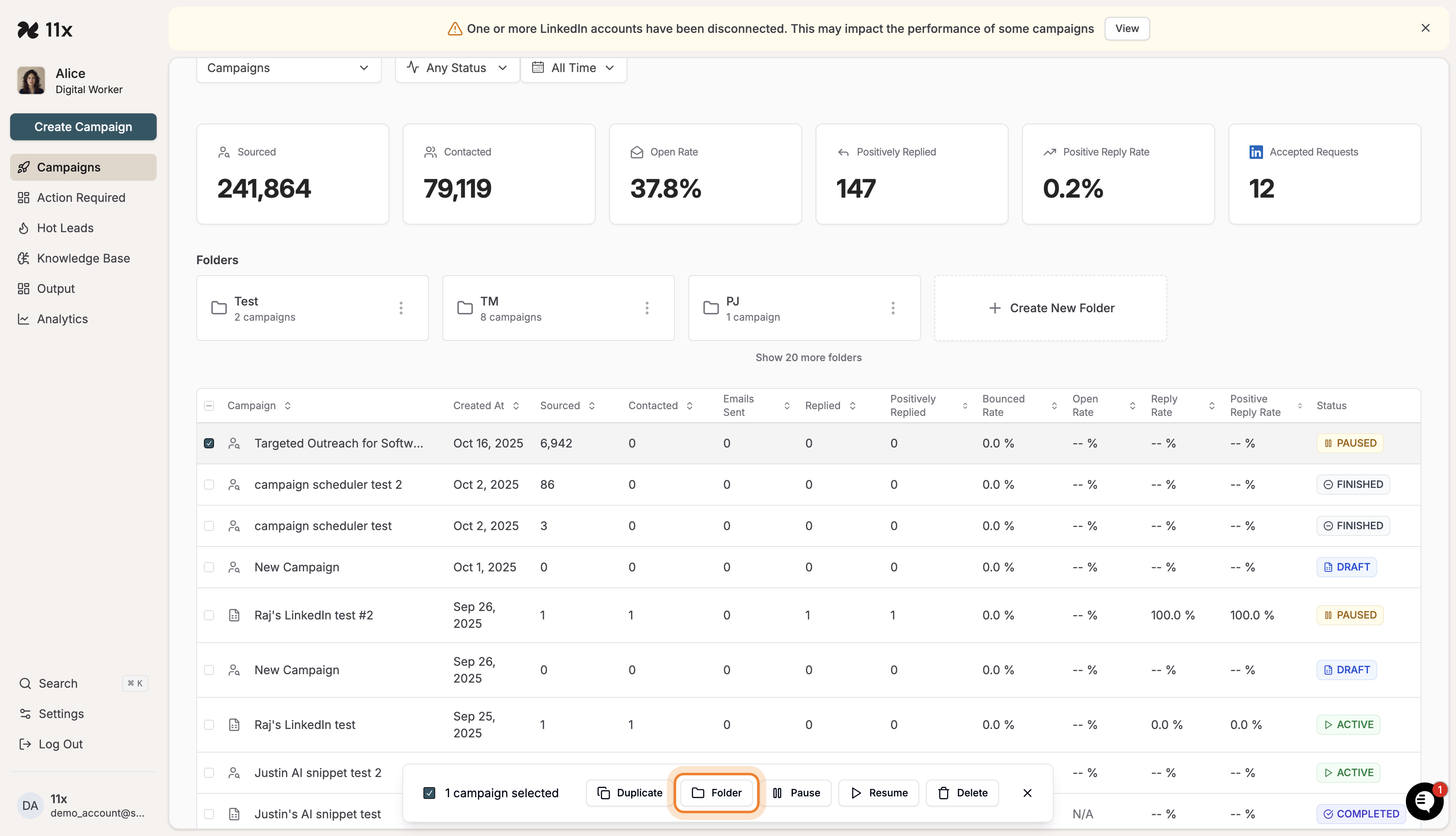 Campaign selected with bottom action bar visible
