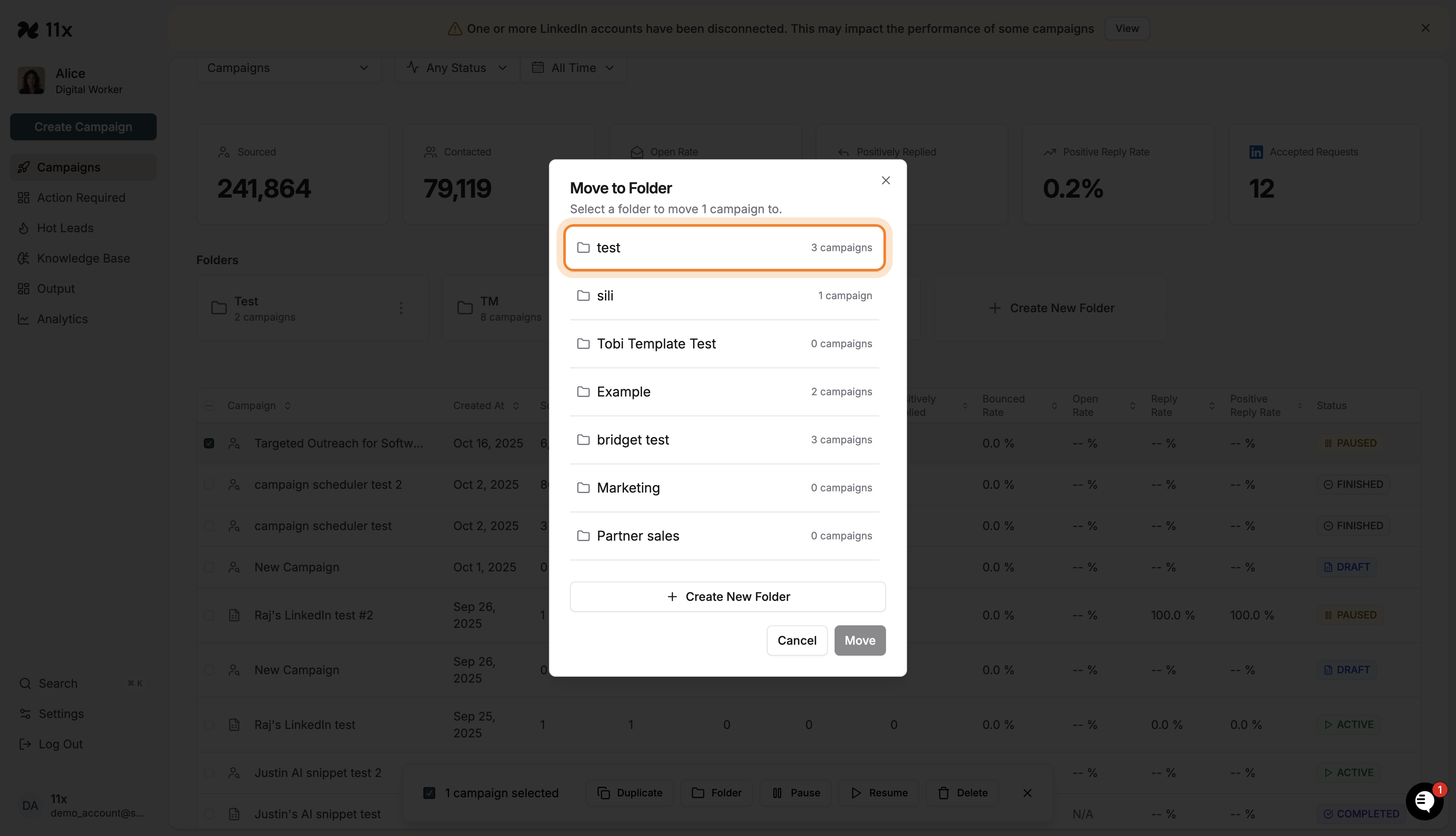 Move to Folder modal with folder list
