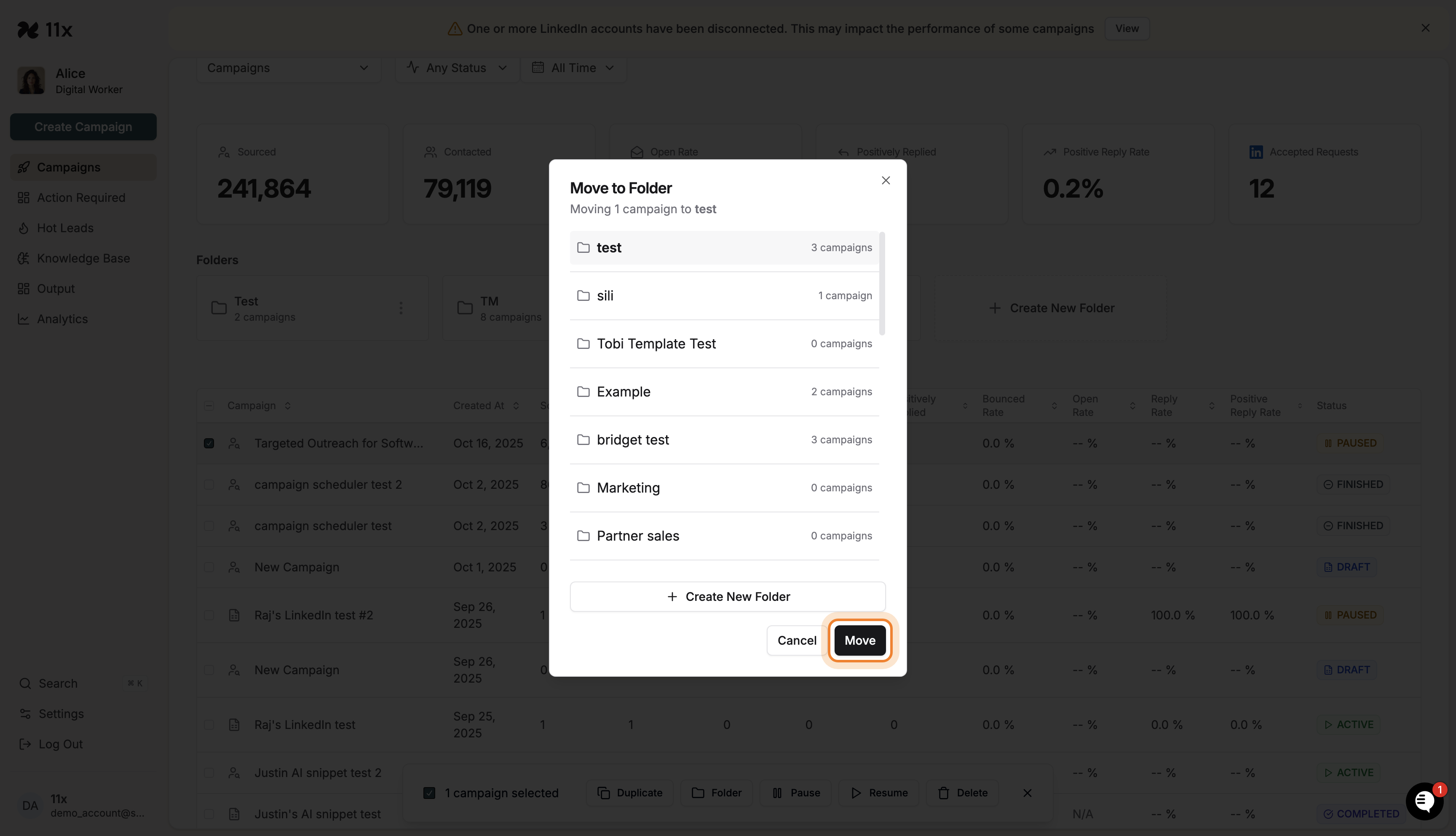 Move button highlighted in Move to Folder modal
