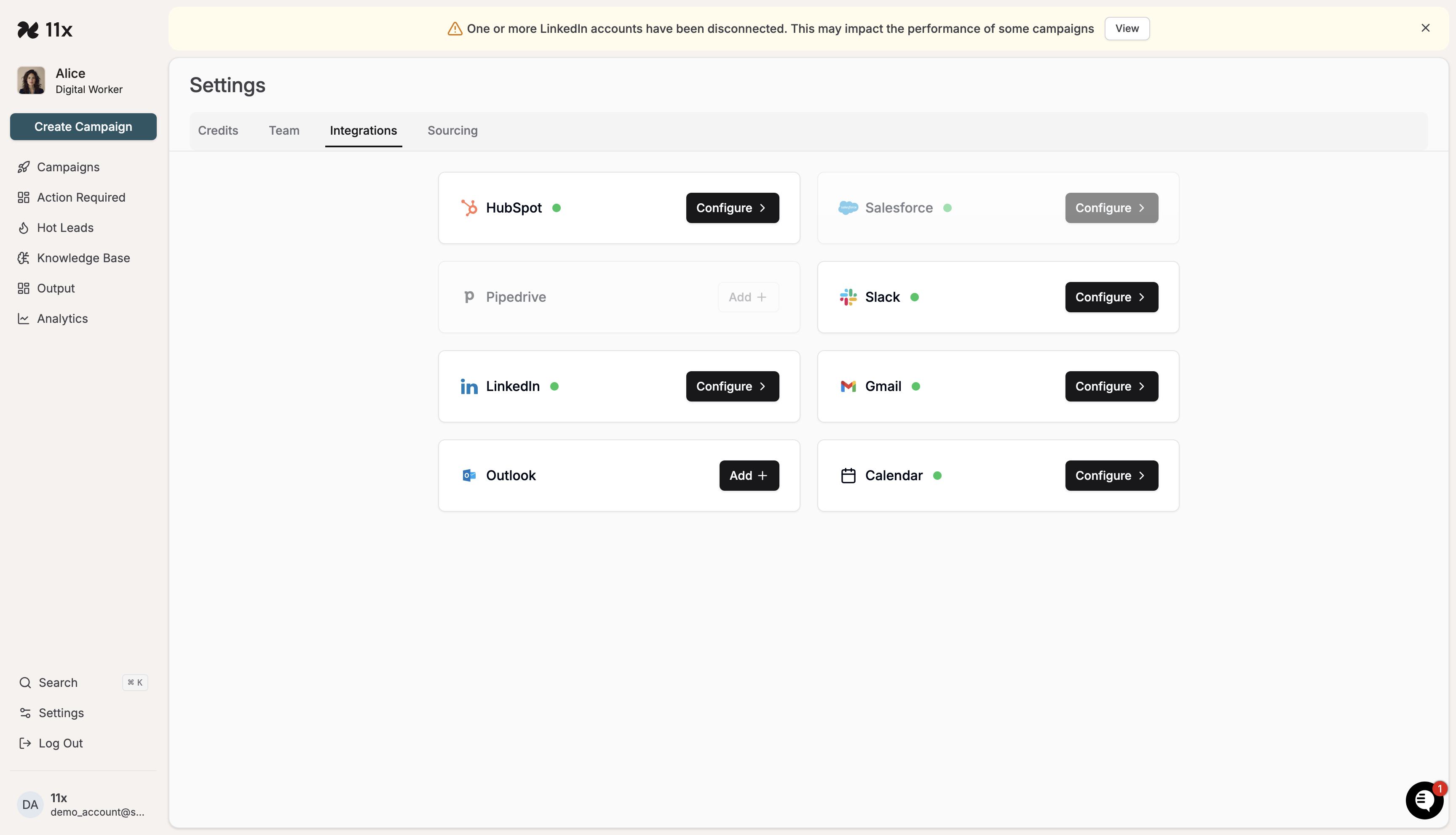 Salesforce integration card with green dot and Configure button