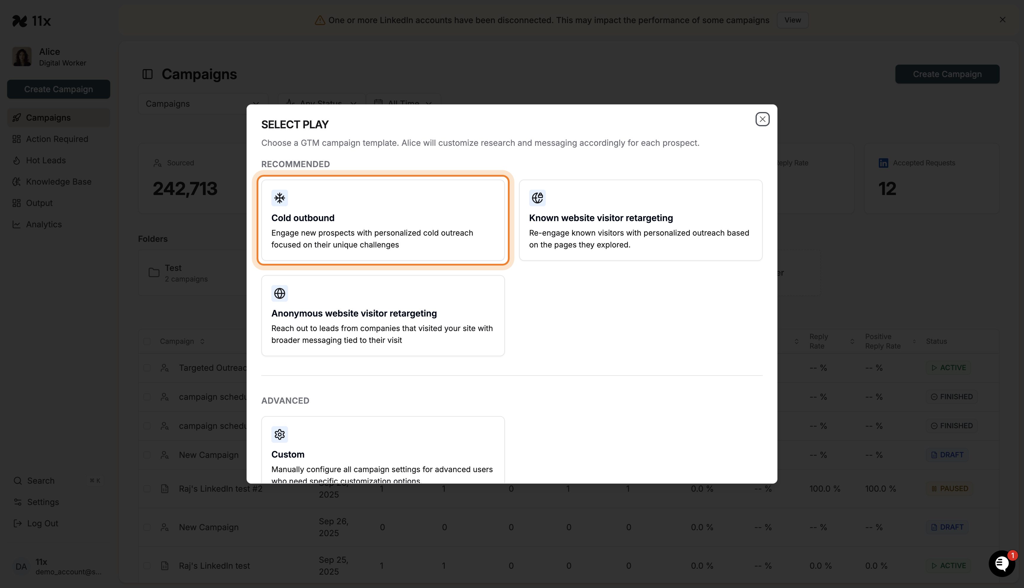 Cold outbound template selected in the campaign template modal