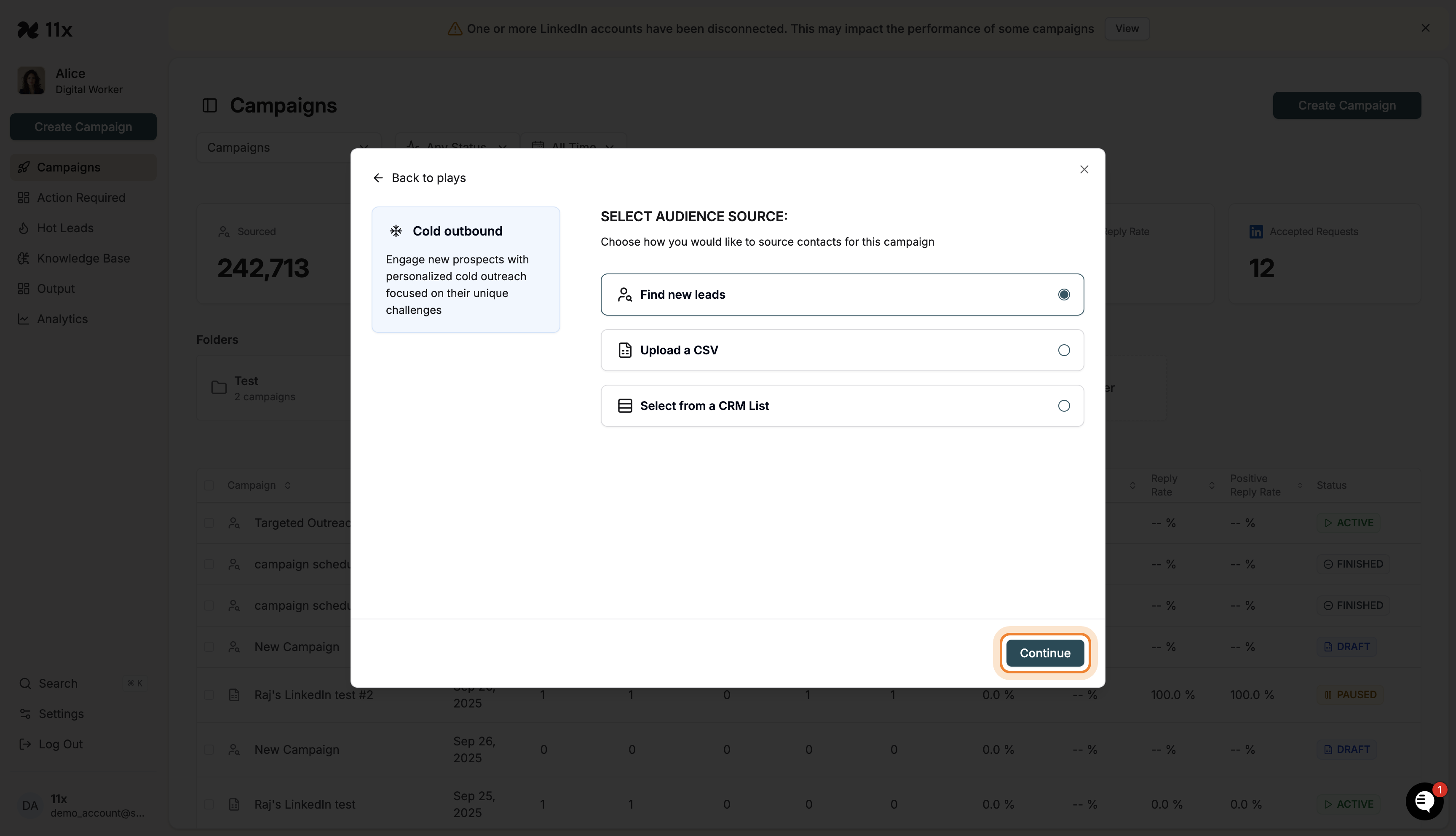 Continue button highlighted in the audience source modal