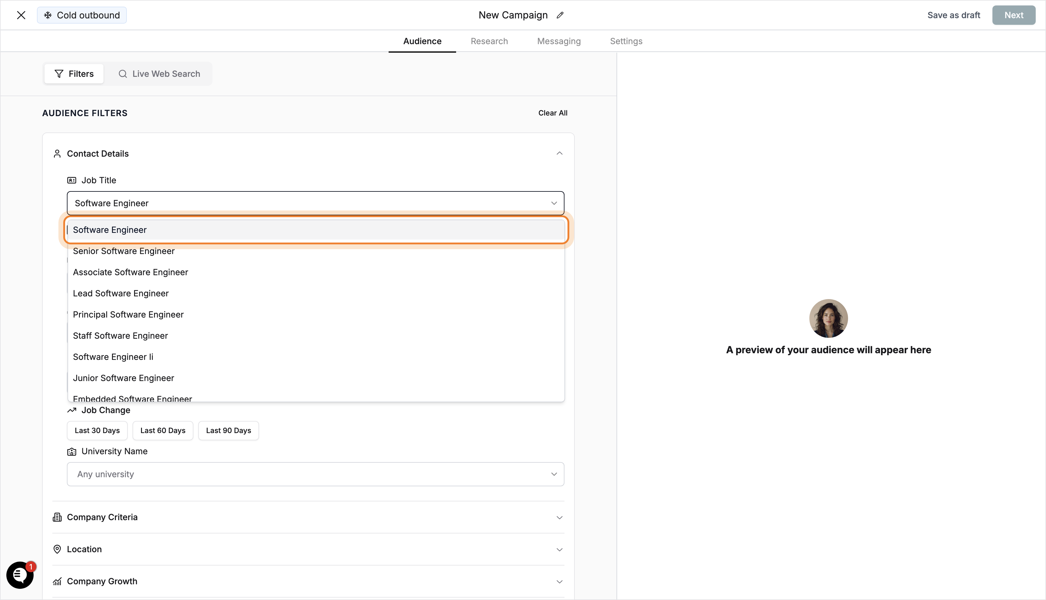 Software Engineer selected from the dropdown suggestions