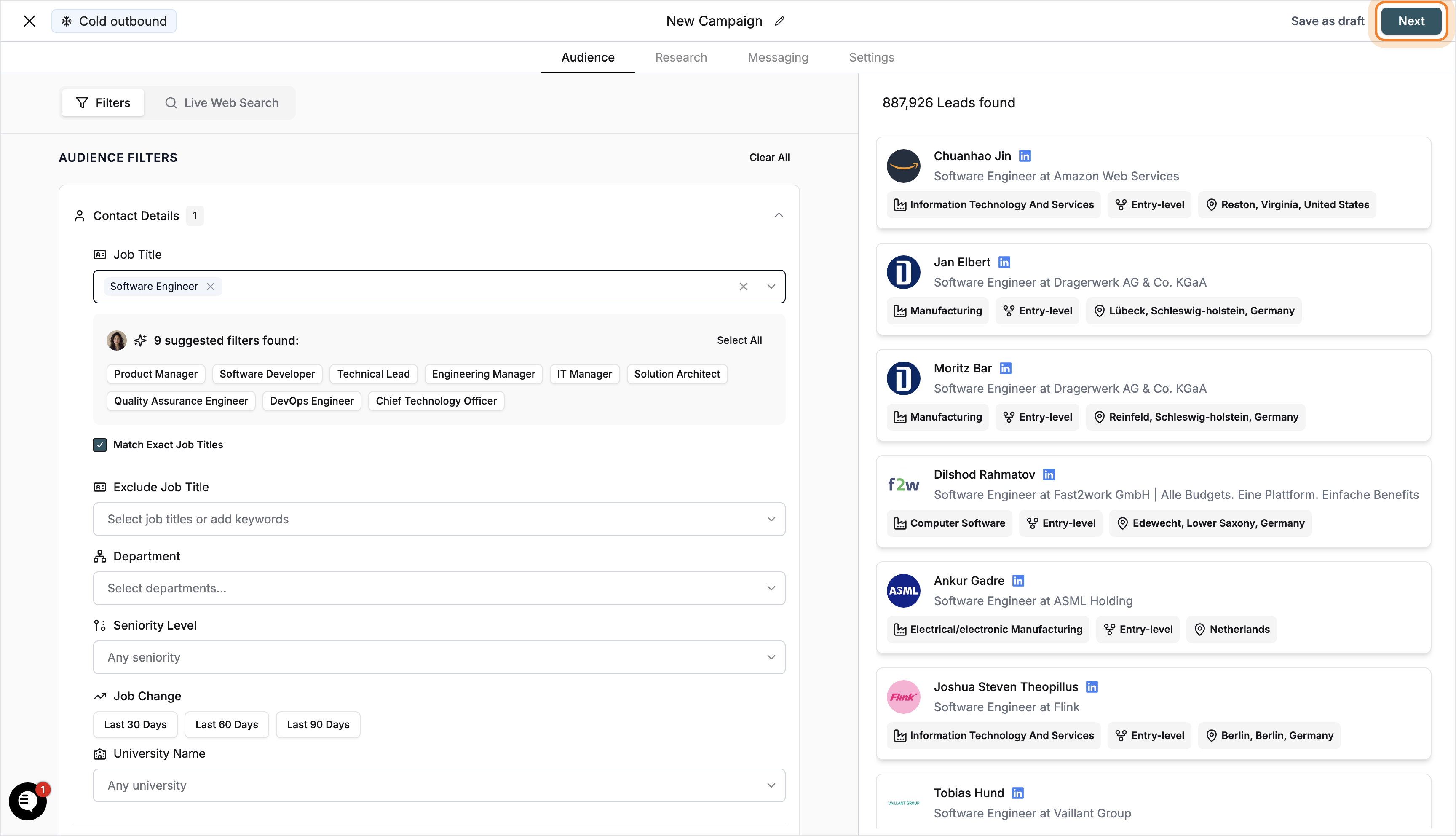 Preview of matching leads for Software Engineer, with Next button highlighted