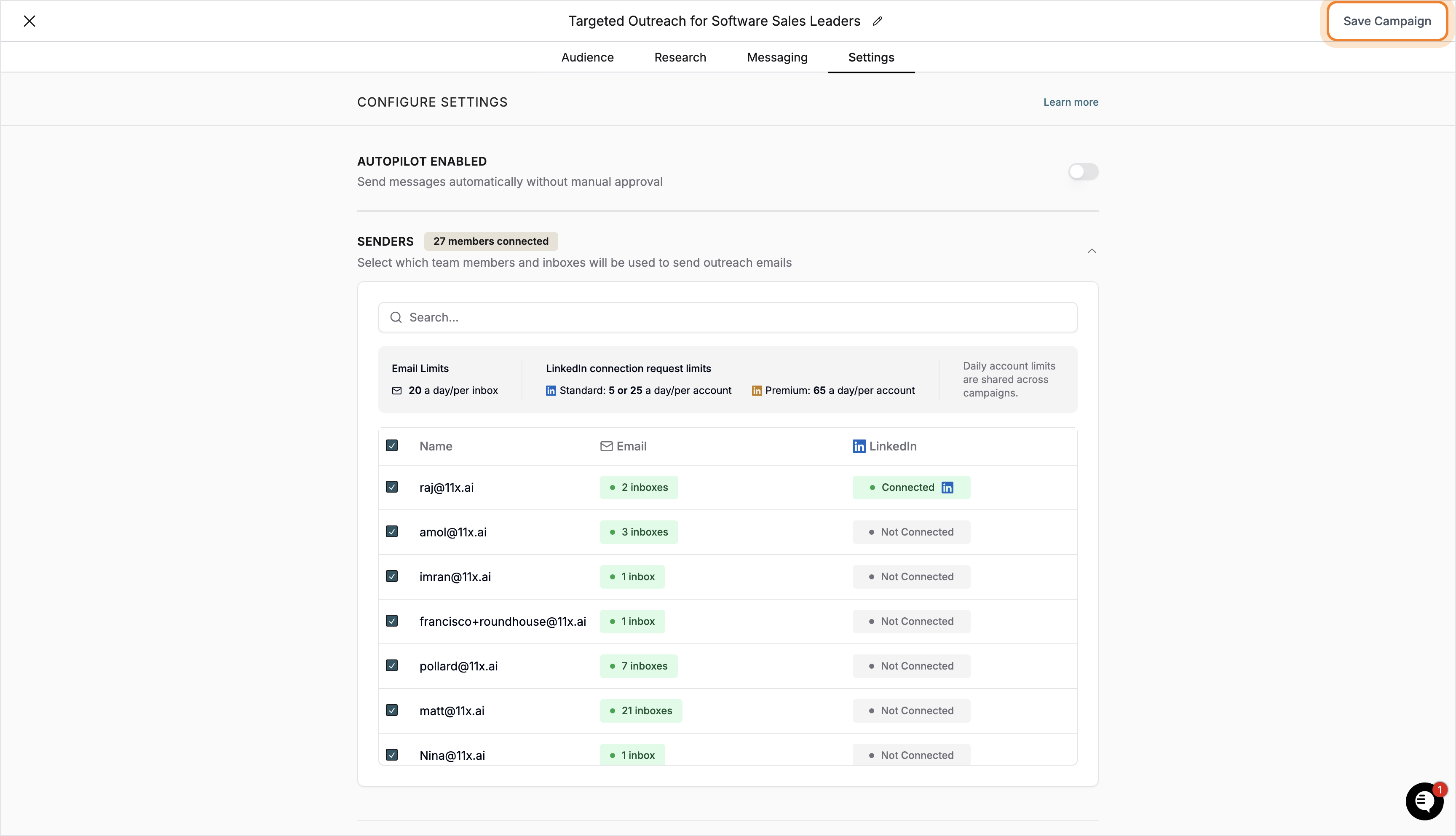 Settings tab with configuration options and 'Save Campaign' button highlighted