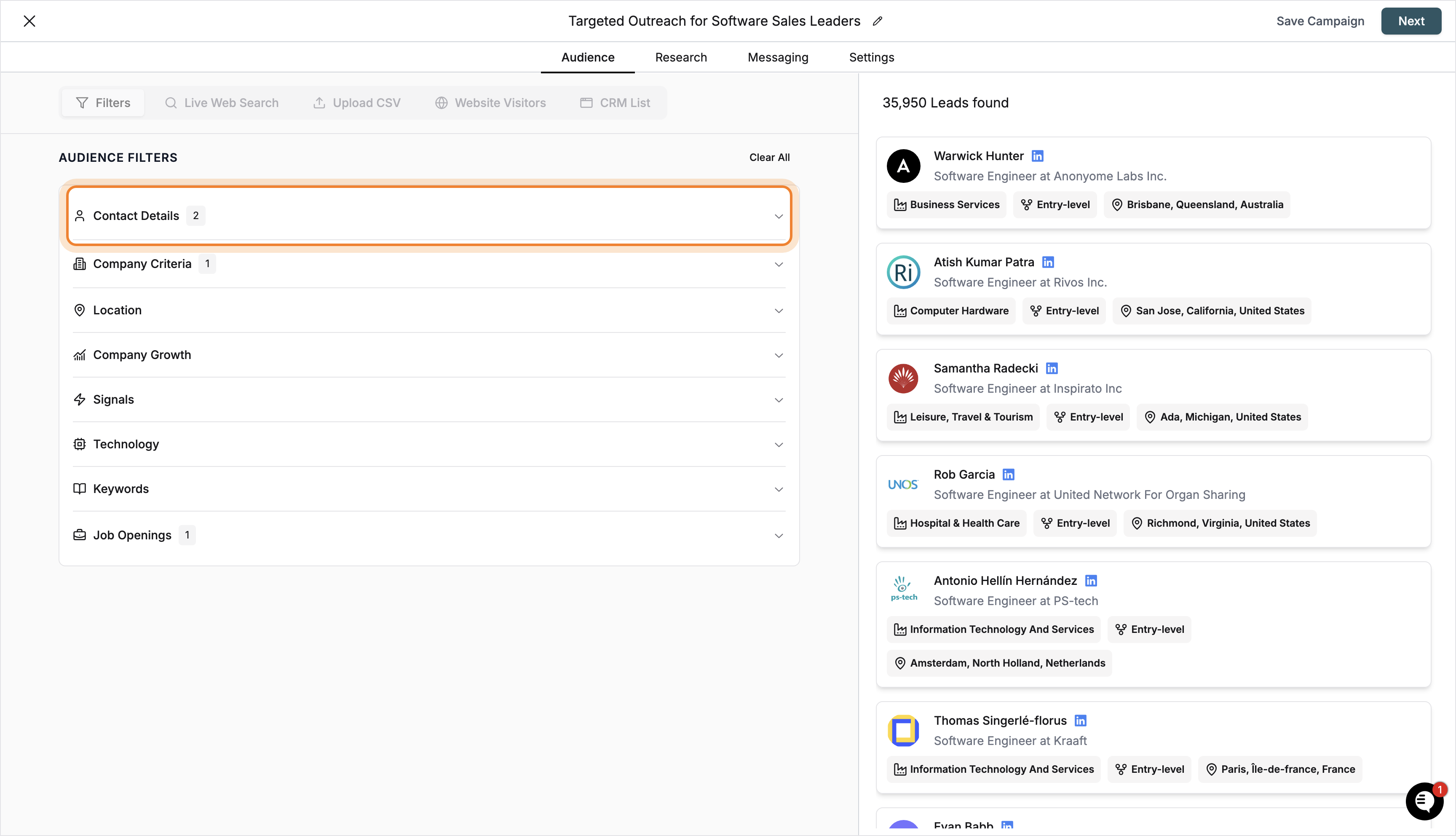 Audience filters with 'Contact Details' expanded