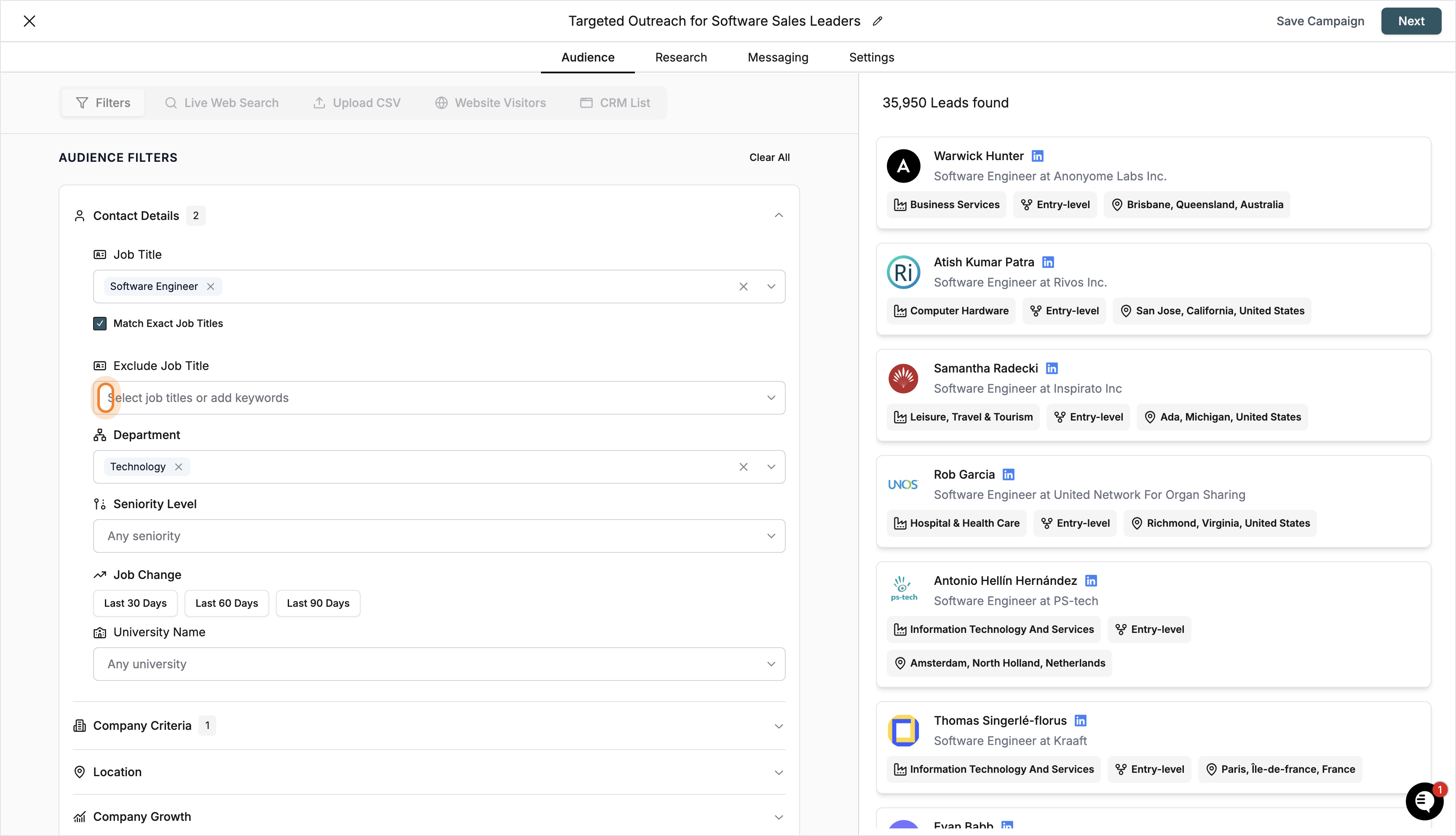 Exclude Job Title input field highlighted
