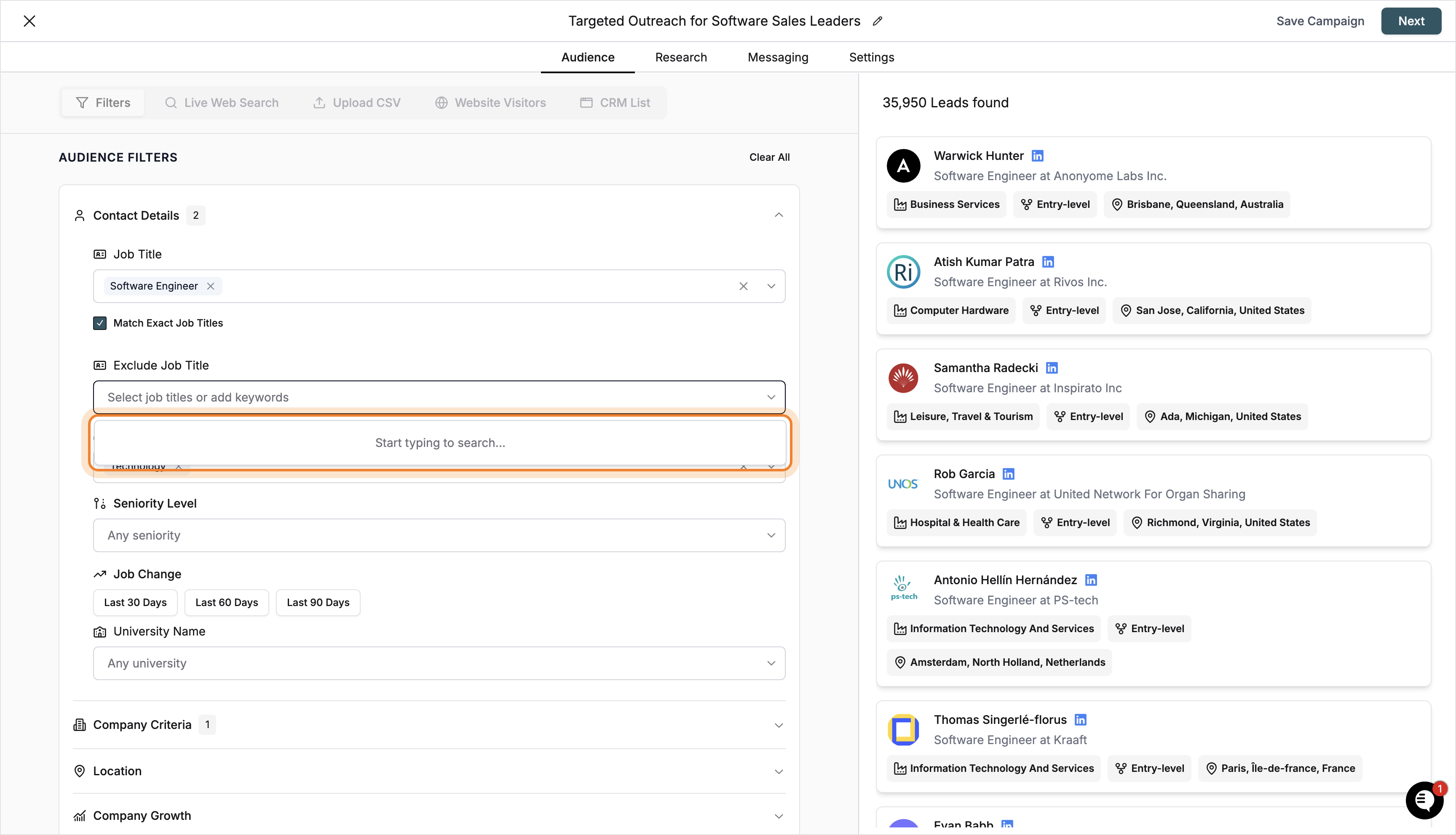 Dropdown with job title suggestions after typing 'Intern'