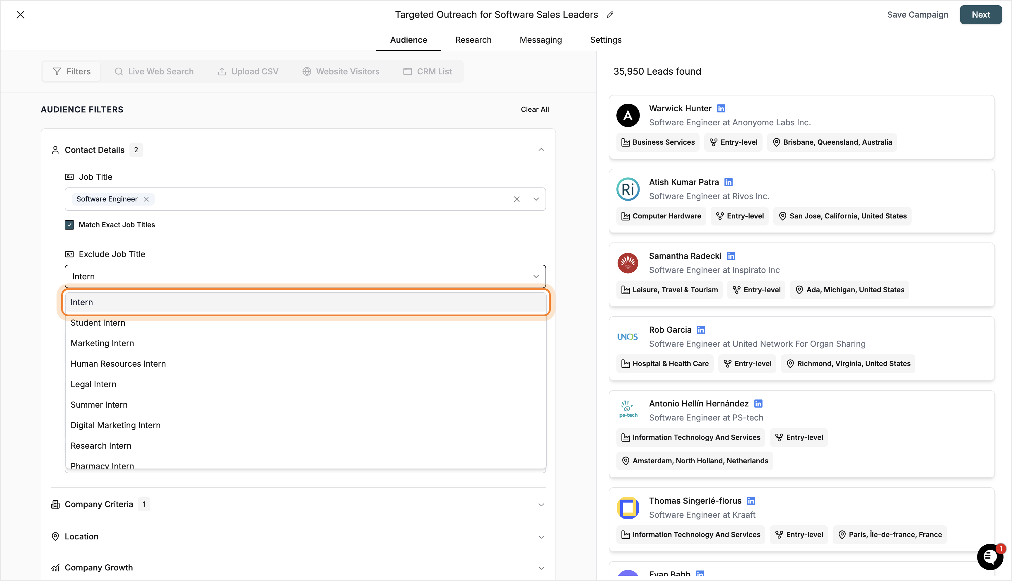 Selecting 'Intern' from the dropdown to exclude