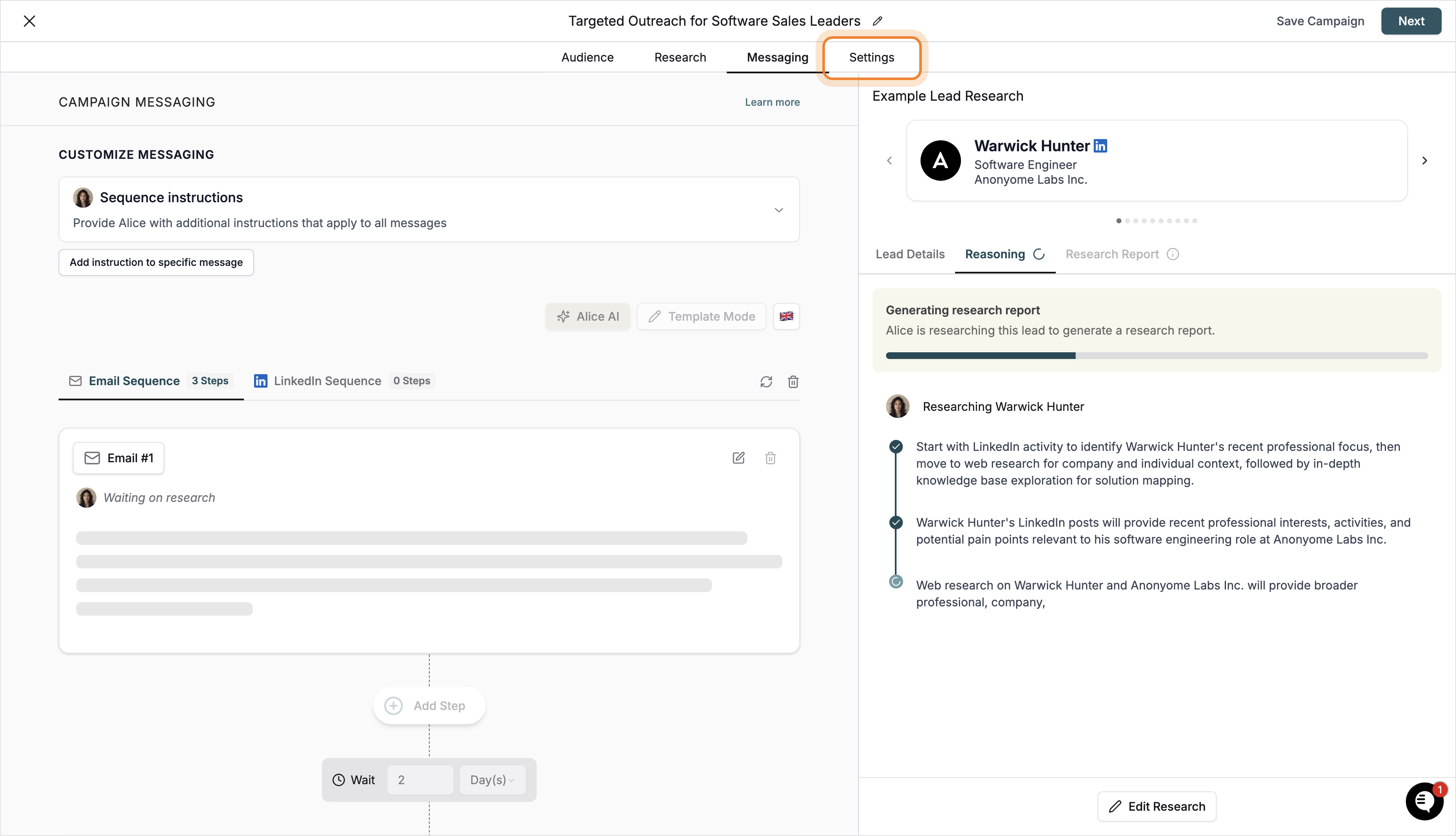 Messaging tab showing email sequence and research in progress